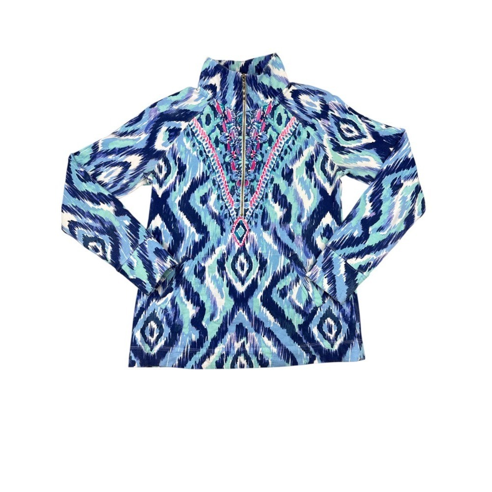Lilly Pulitzer Skipper Popover XS Blue Swish Skipped A Beach Ikat Print UPF 50+